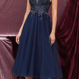Andrea & Leo A0762s Appliqued Bodice Tea-Length Dress