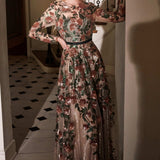 Andrea & Leo A0926 Long Sleeved Evening Gown with Floral Appliques