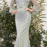 Andrea & Leo A0997W Pearl Beaded Long Sleeve Fit and Flare Long Dress