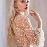Andrea & Leo A0997W Pearl Beaded Long Sleeve Fit and Flare Long Dress