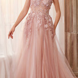 Andrea & Leo A1142 Floor Length Floral Applique A-Line Tulle Gown