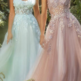 Andrea & Leo A1142 Floor Length Floral Applique A-Line Tulle Gown