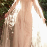 Andrea & Leo A1219 Floor Length Pearl Pleated Tulle Gown with Cape