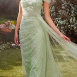 Andrea & Leo A1219 Floor Length Pearl Pleated Tulle Gown with Cape