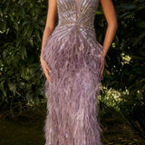 Andrea & Leo A1273 Long Bead and Feather Embellish V-Neck Formal Gown
