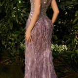 Andrea & Leo A1273 Long Bead and Feather Embellish V-Neck Formal Gown
