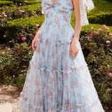 Andrea & Leo A1332 Long Printed Floral Layered Tulle Gown