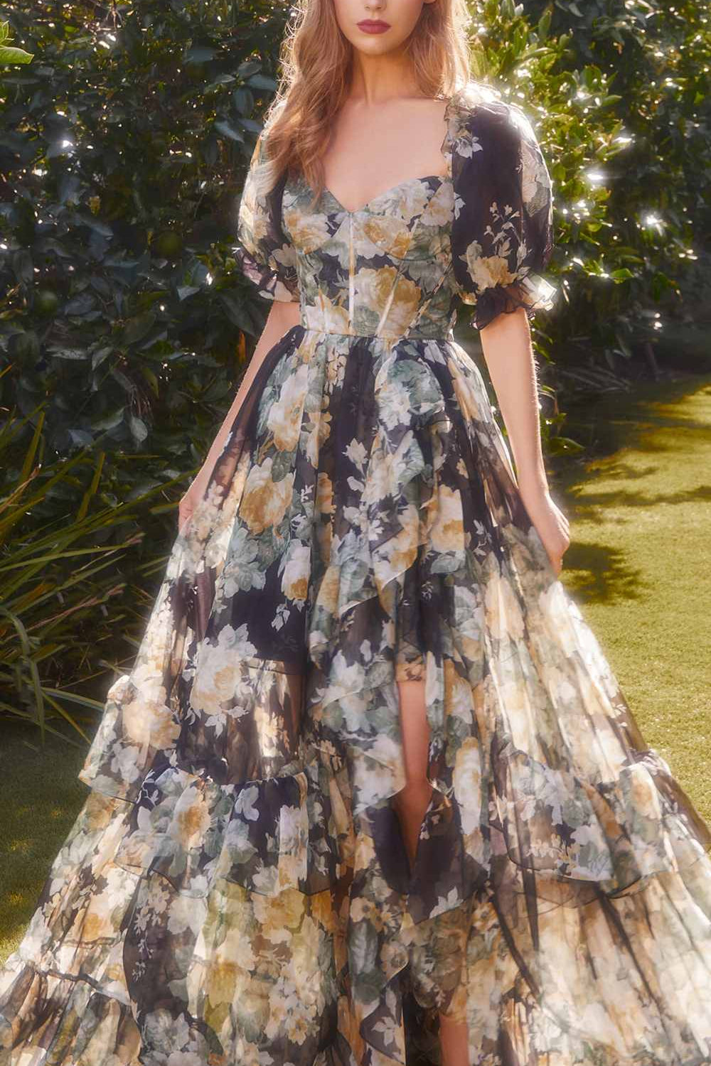 Andrea & Leo A1336 Long Floral Print Puff Sleeve A-line Gown
