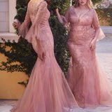 Andrea & Leo A1342 Fitted Lace Mermaid Gown With Trumpet Sleeve