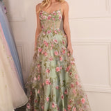 Andrea & Leo A1420 Dress Sage Floral Print Layered A-Line Gown