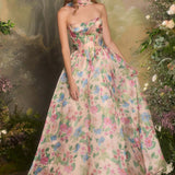 Andrea & Leo A1425 Long A-Line Strapless Corset Bodice Floral Print Gown