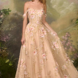 Andrea & Leo A1480 Long A-Line Floral Embroidered Straps Tulle Gown
