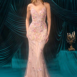 Andrea & Leo A1500 Plunging Neckline Floral Applique Fitted Formal Gown