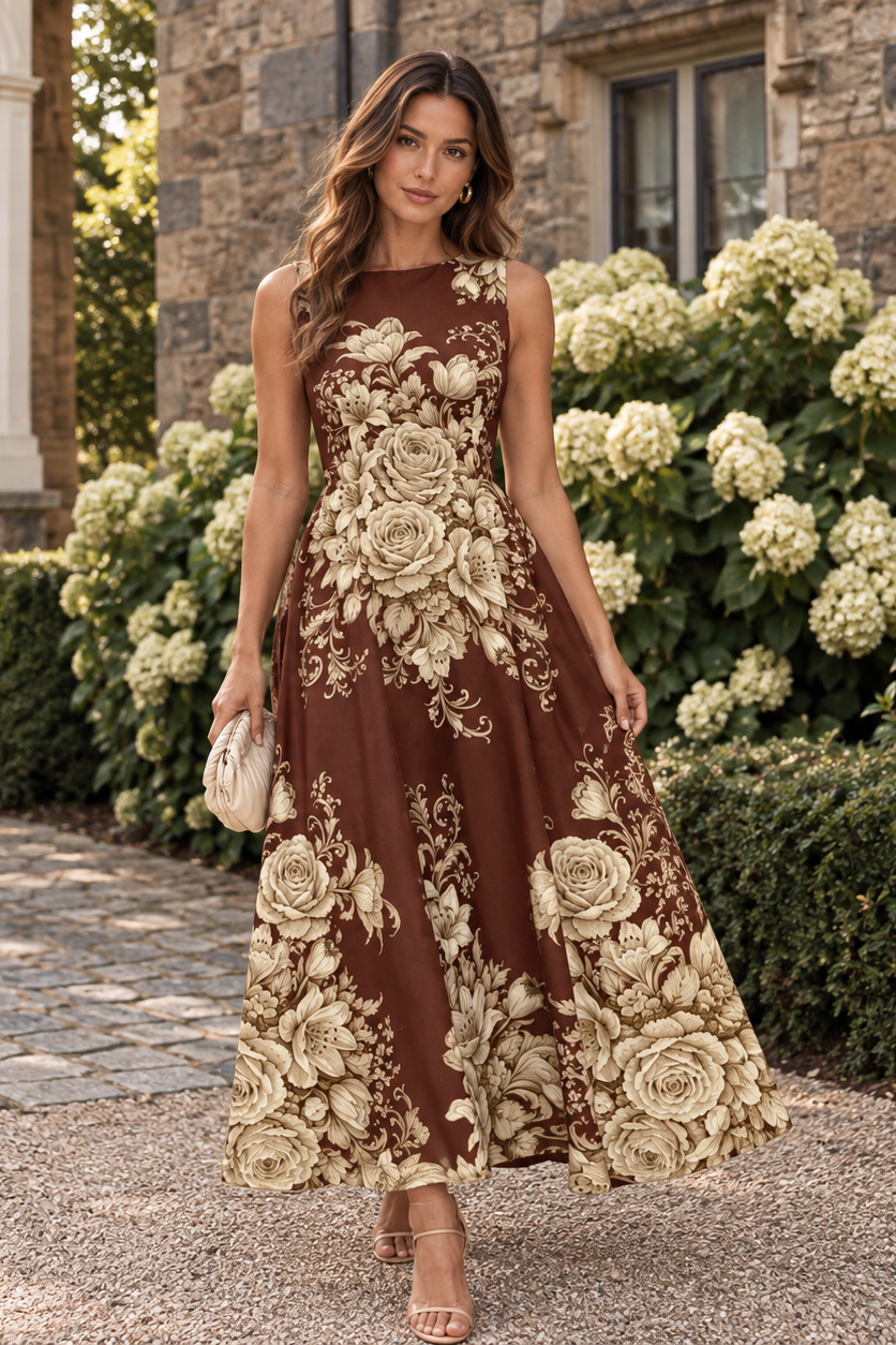 Flying Tomato Antique Petal Regalia Woven Midi Dress in burnt terracotta