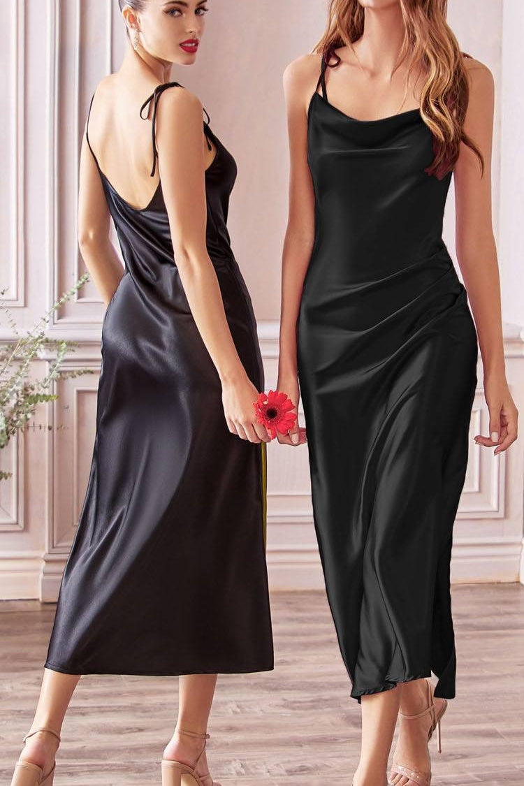 Cinderella Divine BD103 Satin Midi Length Dress High Side Split Cowl Neck