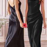 Cinderella Divine BD103 Satin Midi Length Dress High Side Split Cowl Neck