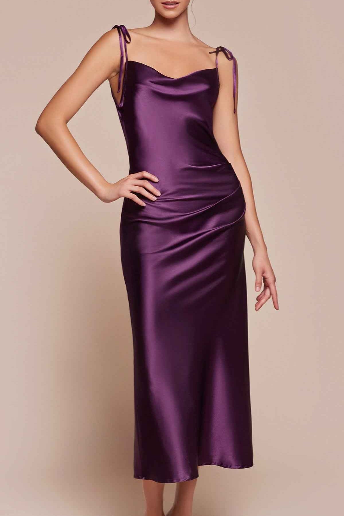 Cinderella Divine BD103 Satin Midi Length Dress High Side Split Cowl Neck