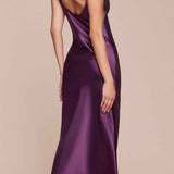 Cinderella Divine BD103 Satin Midi Length Dress High Side Split Cowl Neck