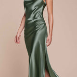 Cinderella Divine BD103 Satin Midi Length Dress High Side Split Cowl Neck