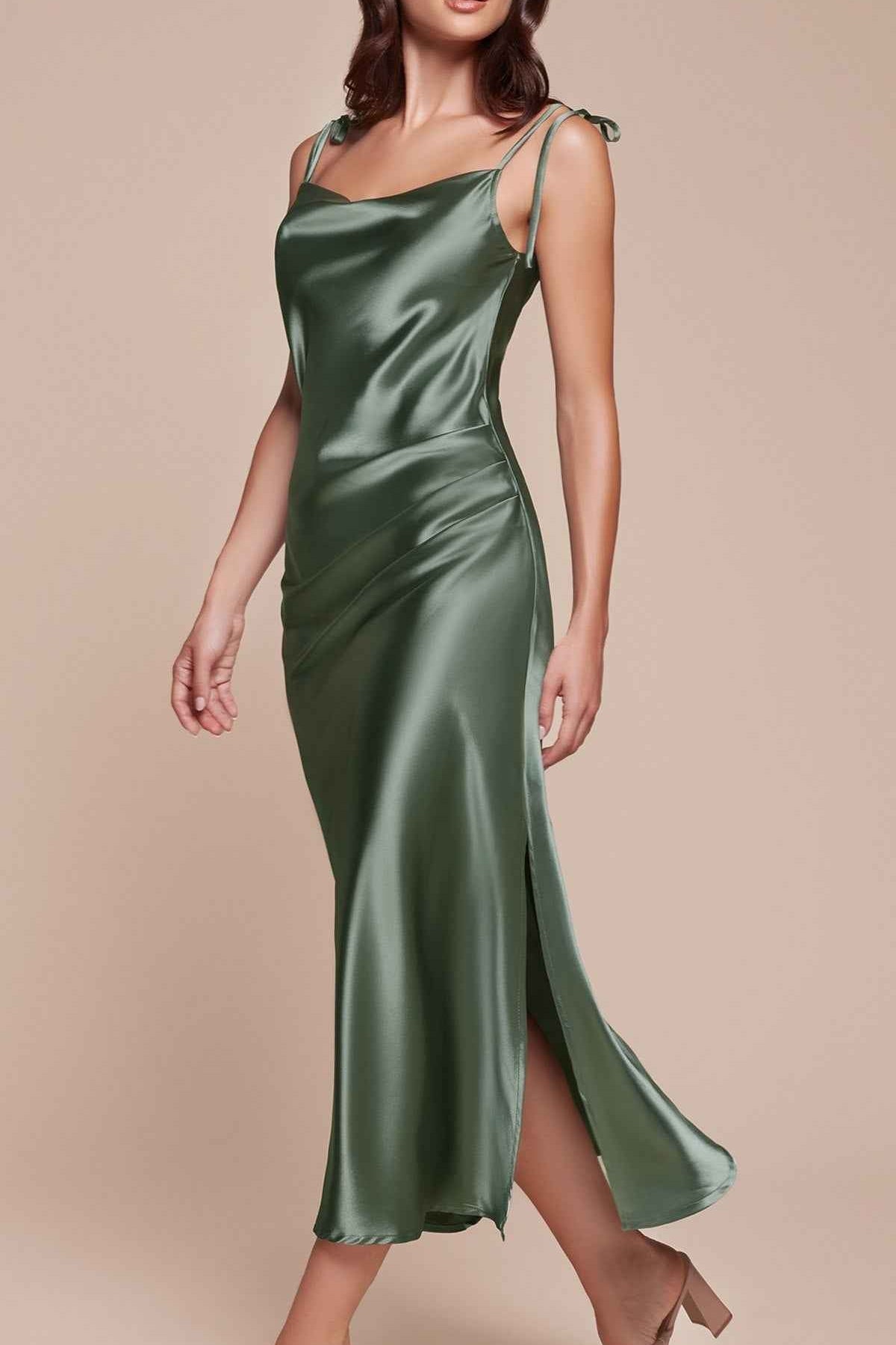 Cinderella Divine BD103 Satin Midi Length Dress High Side Split Cowl Neck