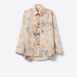 Beige Floral Print Button-Up Sheer Blouse