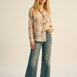 Beige Floral Print Button-Up Sheer Blouse