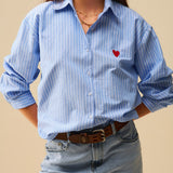 Blue Striped shirt with red heart embroidery