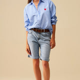 Blue Striped shirt with red heart embroidery
