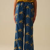 Blue Wide-Leg Trousers with beige Palm Tree Embroidery