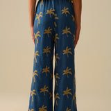 Blue Wide-Leg Trousers with beige Palm Tree Embroidery