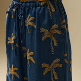 Blue Wide-Leg Trousers with beige Palm Tree Embroidery