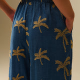 Blue Wide-Leg Trousers with beige Palm Tree Embroidery