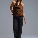 Brown Satin Halter Top with Draped Neckline