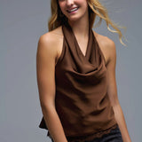 Brown Satin Halter Top with Draped Neckline
