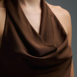Brown Satin Halter Top with Draped Neckline