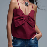 Burgundy poplin crop top with bow detail