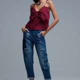 Burgundy poplin crop top with bow detail