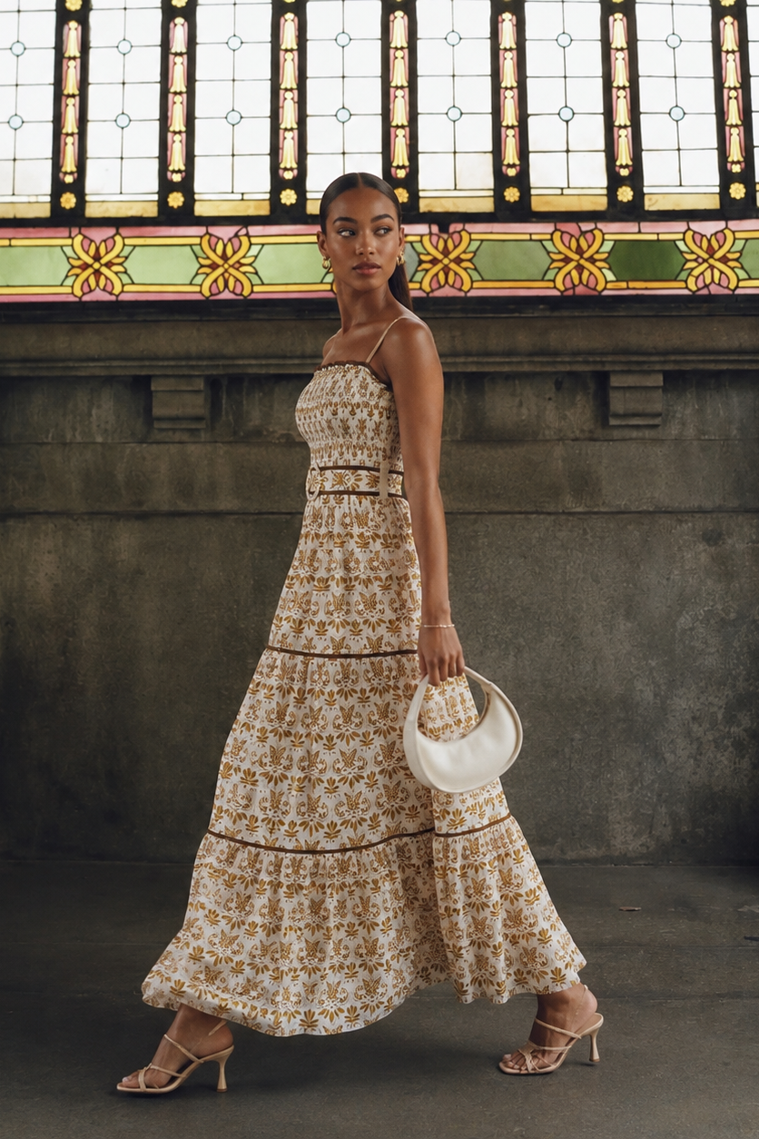 Flying Tomato Dainty Flora Woven Maxi Dress in camel, side view in an interior