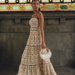 Flying Tomato Dainty Flora Woven Maxi Dress in camel, side view in an interior