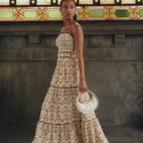 Flying Tomato Dainty Flora Woven Maxi Dress in camel, side view in an interior