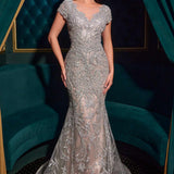 Ladivine CC0915 Cap Sleeve V-Neckline Mermaid Gown