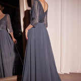 Ladivine CC446 Three Quarter Sleeve Beaded Chiffon Dress