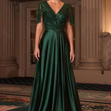 Ladivine CC447 Flutter Sleeves V-Neckline A-Line Satin Evening Gown