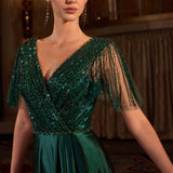 Ladivine CC447 Flutter Sleeves V-Neckline A-Line Satin Evening Gown