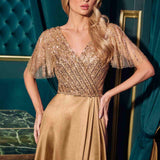 Ladivine CC447 Flutter Sleeves V-Neckline A-Line Satin Evening Gown