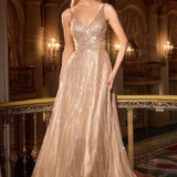 Ladivine CC474 Plunging V-Neckline Shimmering A-Line Gown