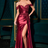 Ladivine CC489 Off Shoulder Sweetheart Neckline Ruched Satin Bodice Fitted Gown