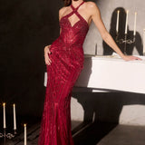 Ladivine CC495 Halter Neckline Beaded Motif Fitted Gown