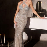 Ladivine CC495 Halter Neckline Beaded Motif Fitted Gown