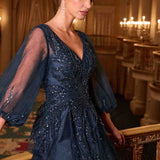 Ladivine CD0101 V-Neckline Long Sleeves Layered Tulle Skirt A-Line Gown
